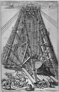 Het oprichten van de oude Egyptische obelisk op het Sint-Pietersplein, Rome, gegraveerd door Alessandro Specchi